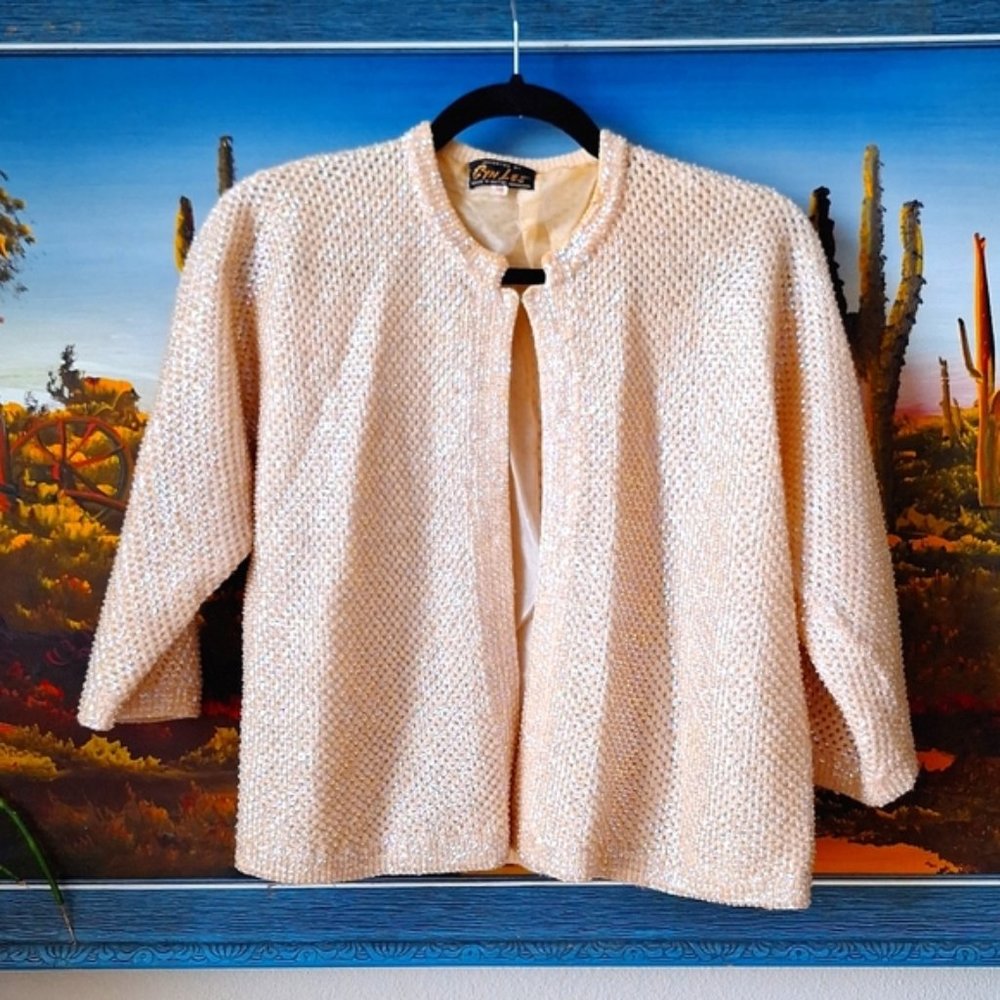 Vintage 1950s Cyn Les Beaded 3/4 Sleeve Cardigan, Cream